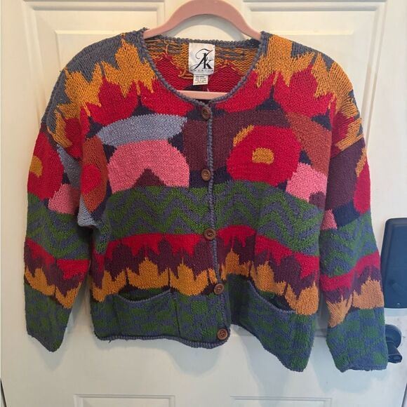 Vintage JK America  Artistic Red and Green Cardigan Sweater - Picture 4 of 6